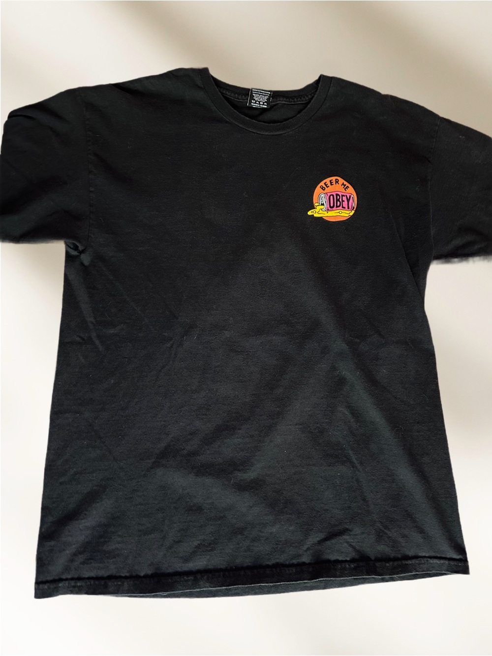 Obey Black Tee with Small Multicolor Logo